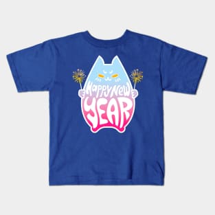 Happy New Year Cat Celebration #4 Pastel Blue Pink Kids T-Shirt